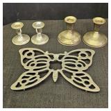 Butterfly Trivet & 4 Silver-Plated Candlestick
