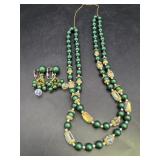 Green Beaded Necklace & Pair of Clip Earrings