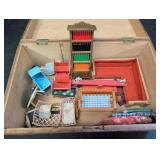 Wood box w/ doll furniture, craddle, doll buggy