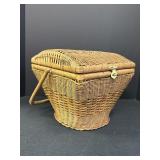 Vtg wicker sewing basket w/pin cushion top,