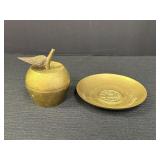 Brass apple bell (missing ringer) & small plate.