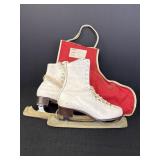 Vtg pair of white leather ice skates, scabbards, &