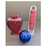 (2) red vases & blue globe, tall vase marked