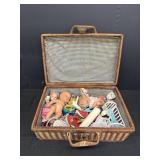 Dolls, Toys, Shoes in a Wicker Picnic Basket