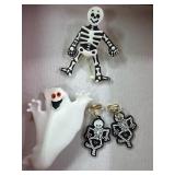 Skeleton Brooch, Dangle Earrings & Ghost Hair Clip