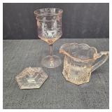 (3) Vintage Pink Depression Glass: Goblet,