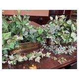 (2) Gold metal flower containers w/ greenery