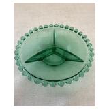 green glass divided relish dish with a beaded edge