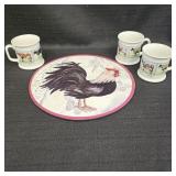 (3) Lauffer Cow Coffee Mugs & Round Rooster Tray