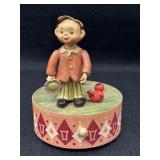 Anri Wood Music Box Boy With Flower & Bird Plays