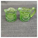 Vintage Green Glass Miniature Cream & Sugar Set
