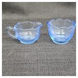 Blue Glass Sugar Bowl & Creamer Set w/ Scalloped