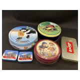 Variety of 6 empty tins, 6.5-7.5in diameters