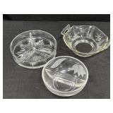 3 clear glass dishes/bowls.  2 are sectioned.