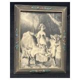 Vtg black & white milkmaid & cows framed picture,