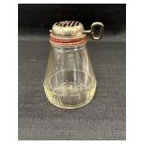 Hand crank nut choppper on glass jar, 5in H