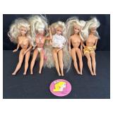 (5) Vtg. Mattel Barbie dolls & pin back button
