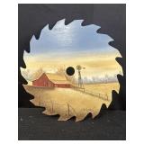 Hand-painted circular saw blade w/ rural landscape