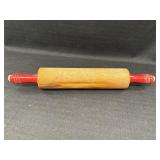 Vtg wooden rolling pin w/red painted handles 17in