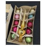 Shiny Bright ornaments & tree top in box,