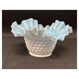 Kanawha Hobnail White/Blue Glass Ruffled Bowl
