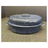 Blue & white speckled enamel small roasting pan,