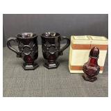2 Avon Cape Cod Ruby Red mugs & 3 salt shakers,