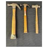 3 hammers, 2 claw & 1 ball peen.  1 has Stanley