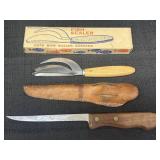 (2) Stainless Fish Scaler and fillet knives & case