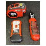 Black&Decker stud sensor, laser tape measure, &
