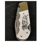 Ship design white handle w/ Brass Pocket Knife