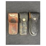 3 leather knife sheathes, 5-6in.  One broken snap