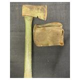 Vtg. Axe with Army green wooden handle & cover
