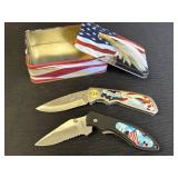 2 patriotic folding pocket knives, 3in stainless