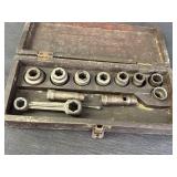 Socket set, dog bone wrench, misc. in wood box,