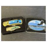 Eagle pocket knife set (2) in themed metal tin,