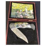 Soldiers on bench collectible pocket knife in wood