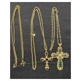(3) Gold Tone Cross Necklaces - one marked 1928
