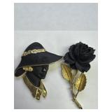 (2) Vtg. Black & Gold Tone Rose & Lady Brooch Pins