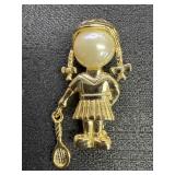 Gold Tone Tennis Girl Brooch Pin