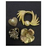 Flower, Pinwheel, & Hearts Gold Tone Brooches