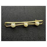 Vtg. Gold Tone Pearl Bar Brooch