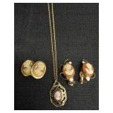 Gold Tone Lady Cameo Necklace & Clip Earrings