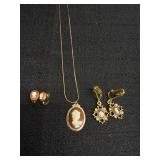 Gold Tone Lady Cameo Necklace & Clip Earrings
