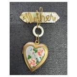 Vtg. Mother Heart Locket Brooch Pin