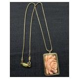 14K Italy Chain & Coral Carved Floral Pendant