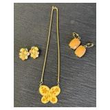 Butterfly necklace & 2 pair of clip earrings,