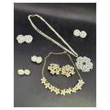 White costume jewelry - 2 necklaces & 5 pair of