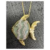 10K Gold Jade Fish Pendant w/ 10K Necklace Chain