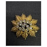 Gold Tone Rhinestone Leaf Layered Brooch Pin